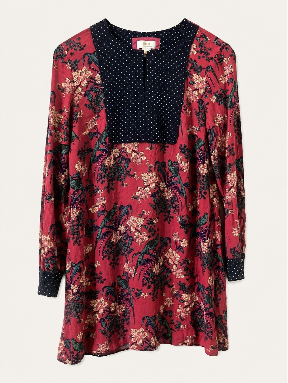 Maeve Anthropologie Floral Viscose Dress with Navy Polka Dot Bib and Cuffs